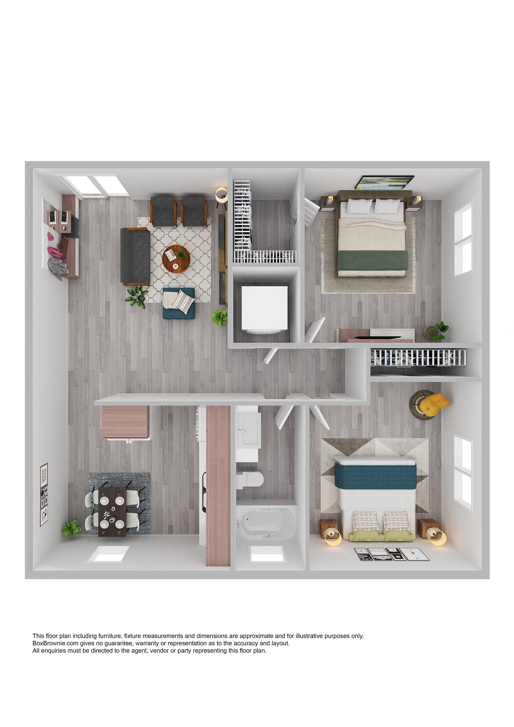 Floor plan for 2 beds, 1 bath, 845 sqft